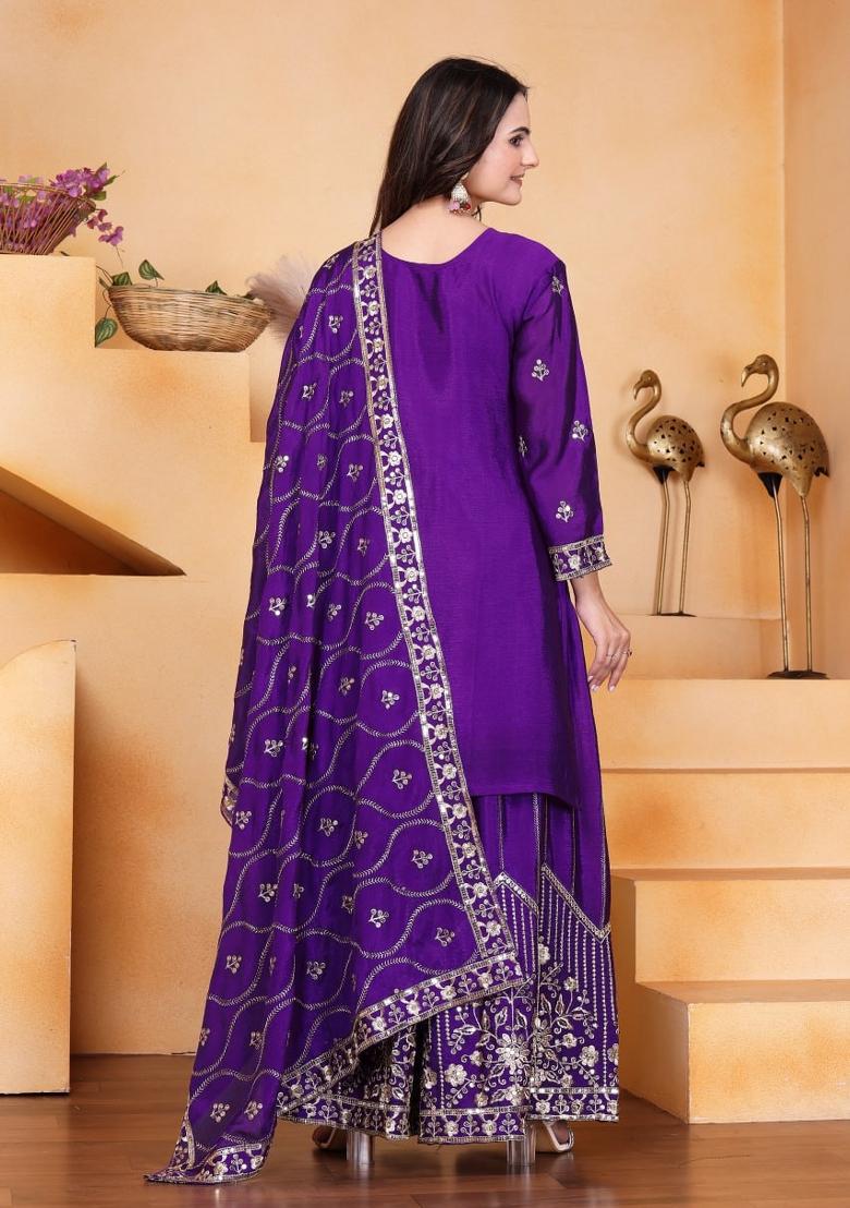 Purple Thread Work Chinon Kurta Set - Indya