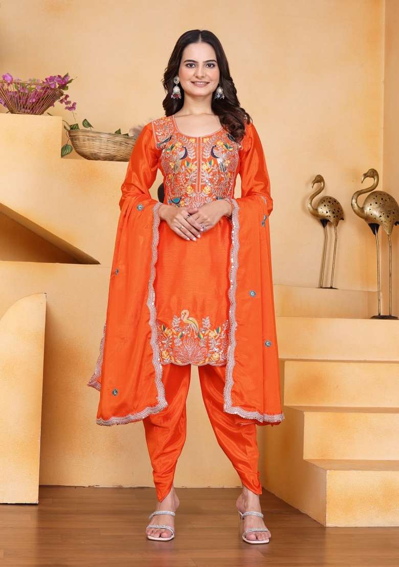 Orange Thread Work Chinon Kurta Set - Indya