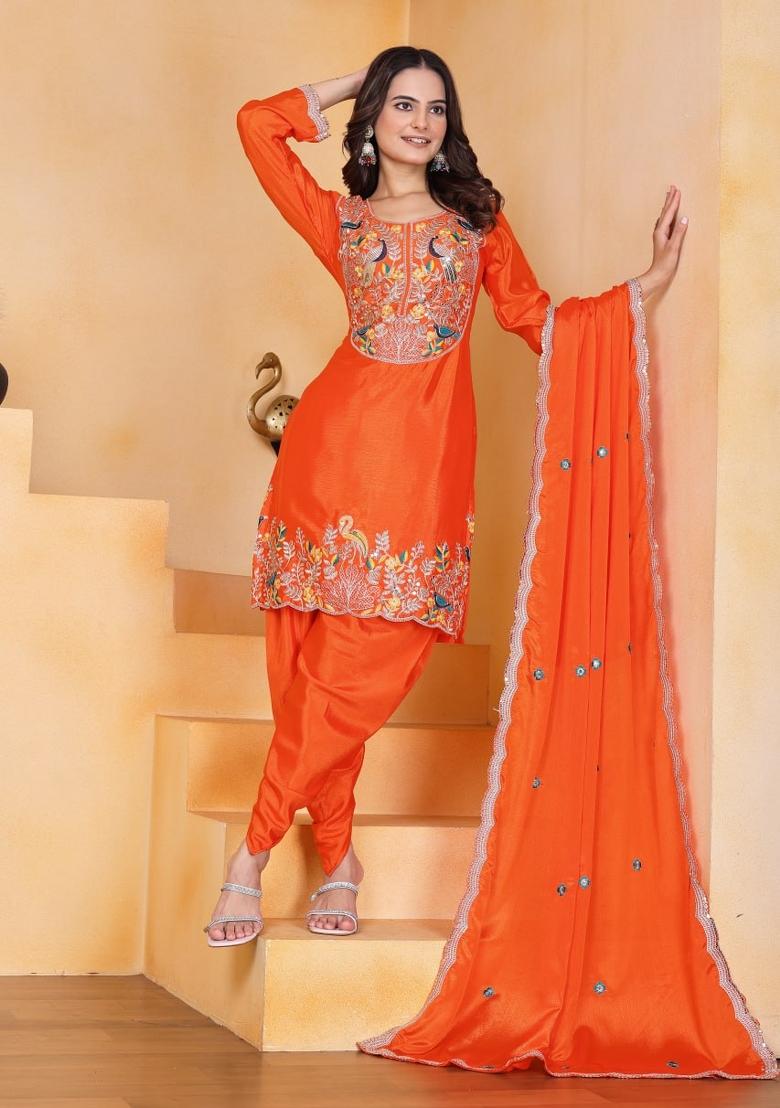 Orange Thread Work Chinon Kurta Set - Indya
