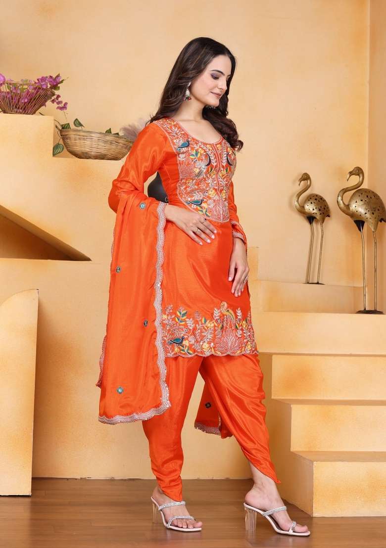 Orange Thread Work Chinon Kurta Set - Indya