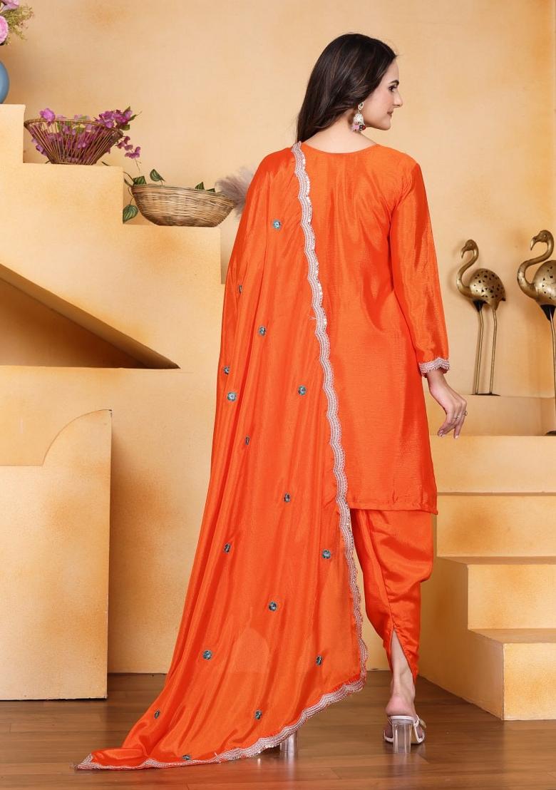 Orange Thread Work Chinon Kurta Set - Indya