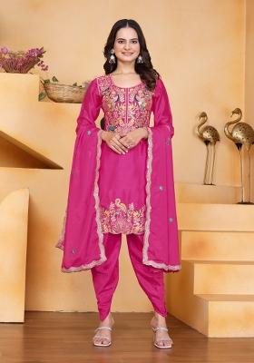 Pink Thread Work Chinon Kurta Set