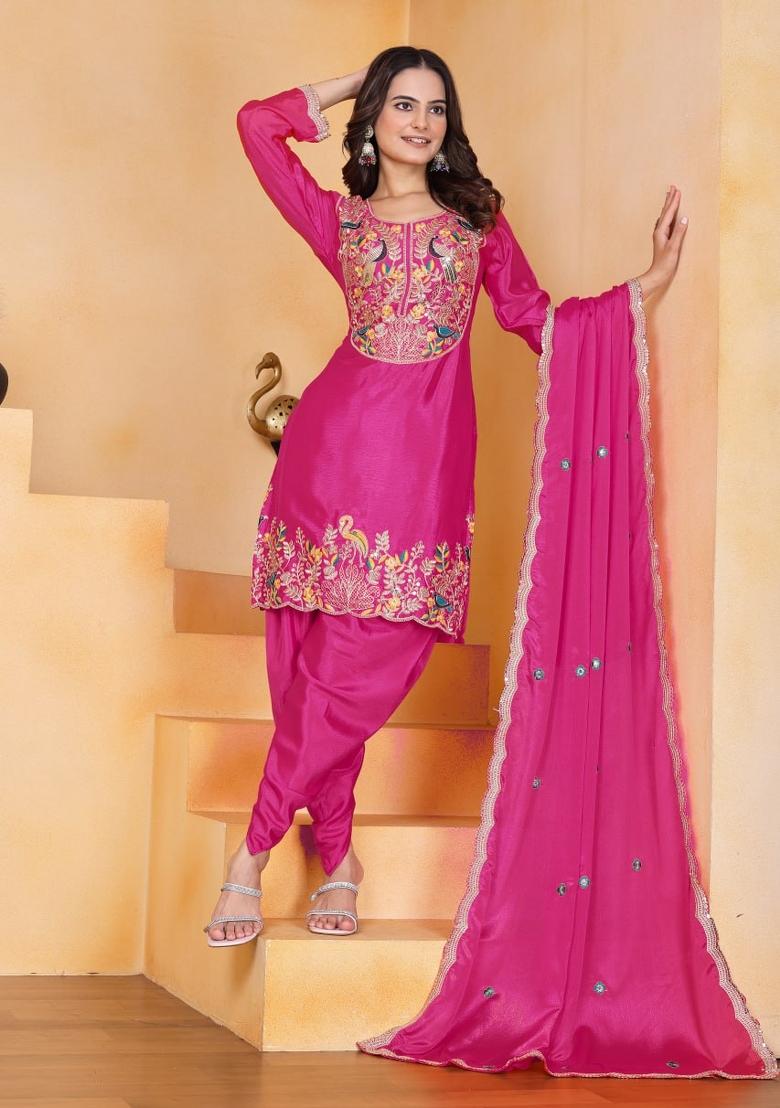 Pink Thread Work Chinon Kurta Set - Indya