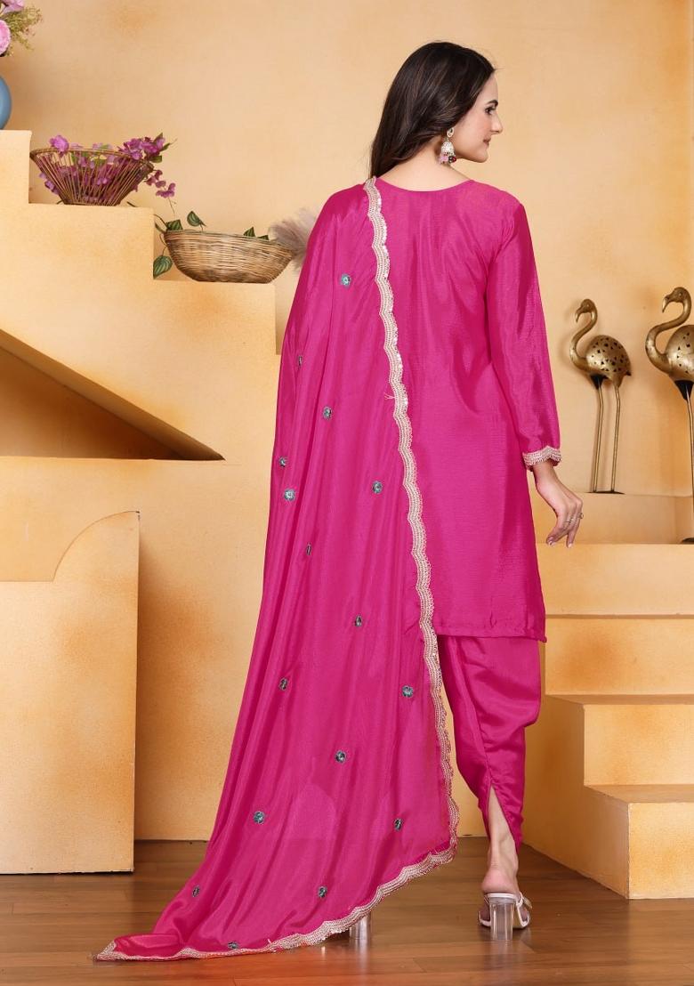 Pink Thread Work Chinon Kurta Set - Indya