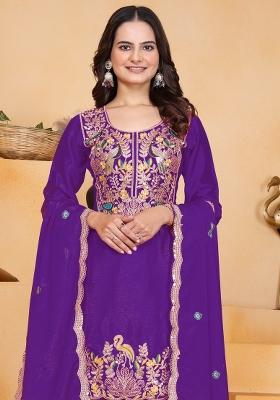 Purple Thread Work Chinon Kurta Set
