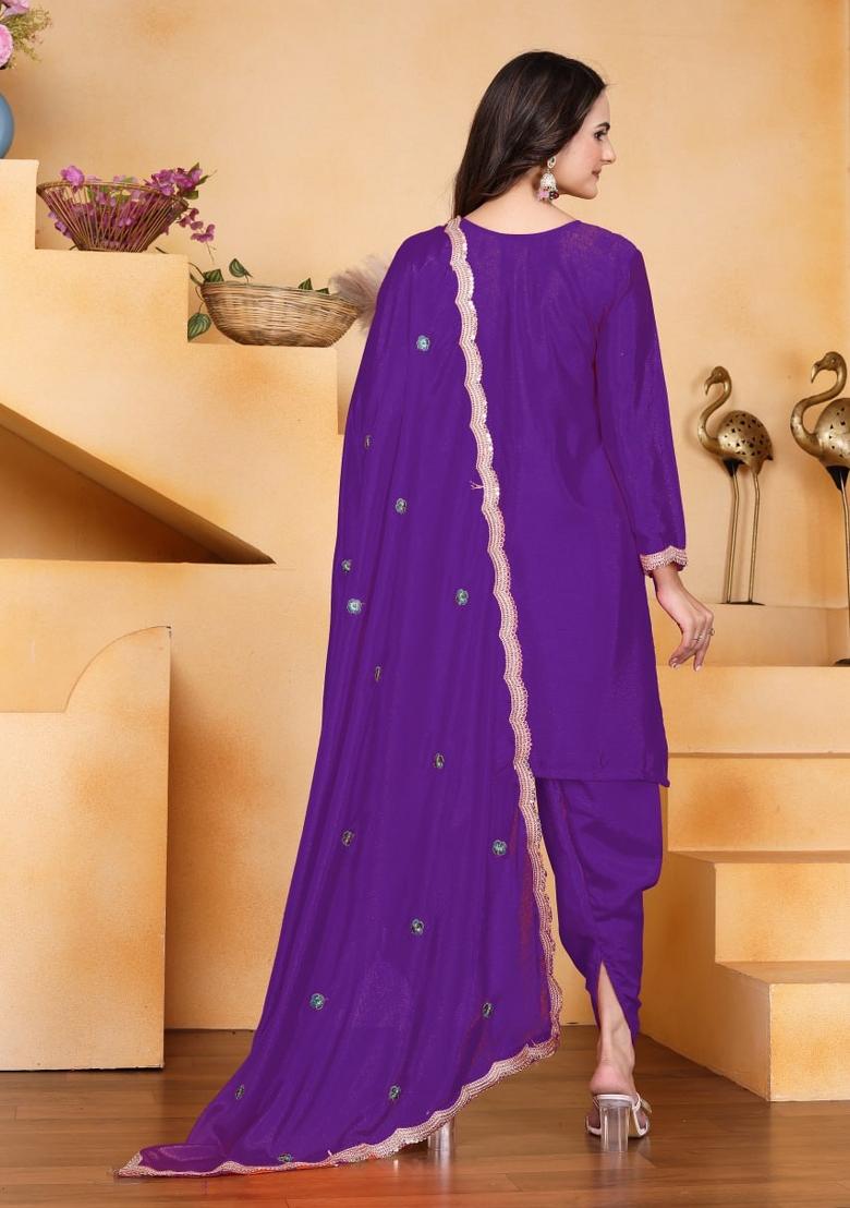 Purple Thread Work Chinon Kurta Set - Indya
