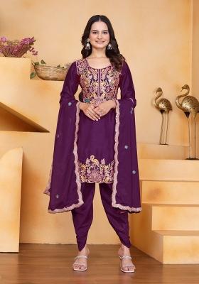 Wine Thread Work Chinon Kurta Set
