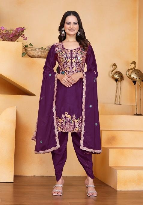 Wine Thread Work Chinon Kurta Set