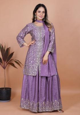 Lavender Thread Work Chinon Kurta Set
