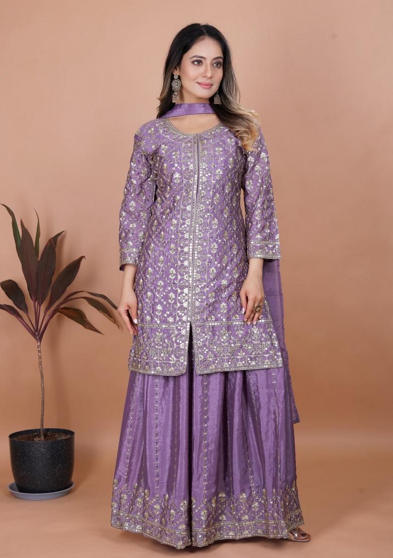 Lavender Thread Work Chinon Kurta Set - Indya