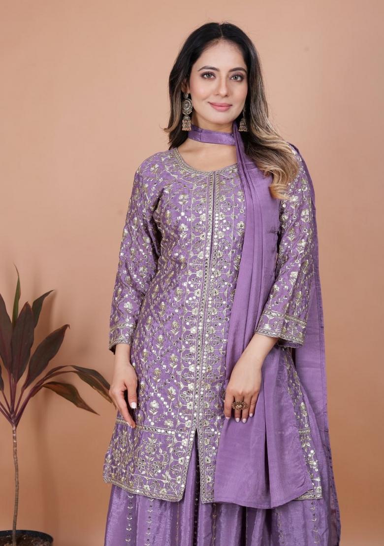 Lavender Thread Work Chinon Kurta Set - Indya
