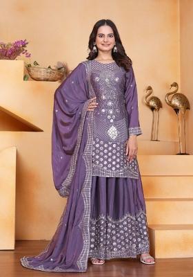 Lavender Thread Work Chinon Kurta Set