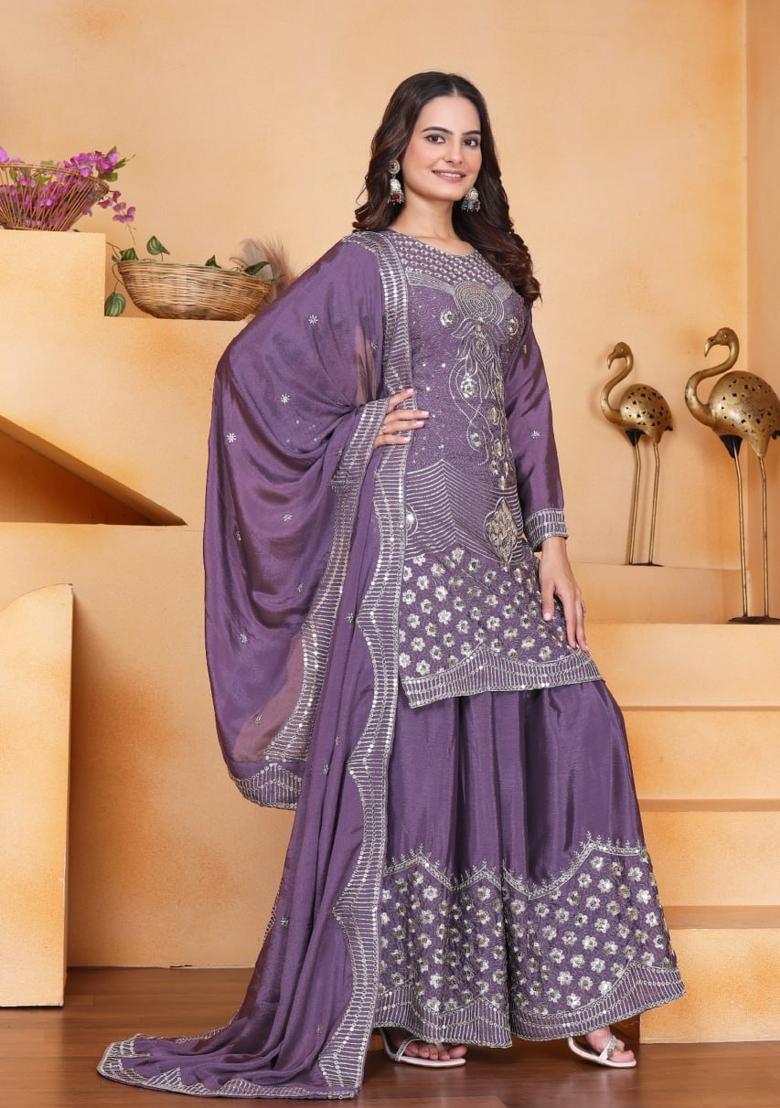 Lavender Thread Work Chinon Kurta Set - Indya