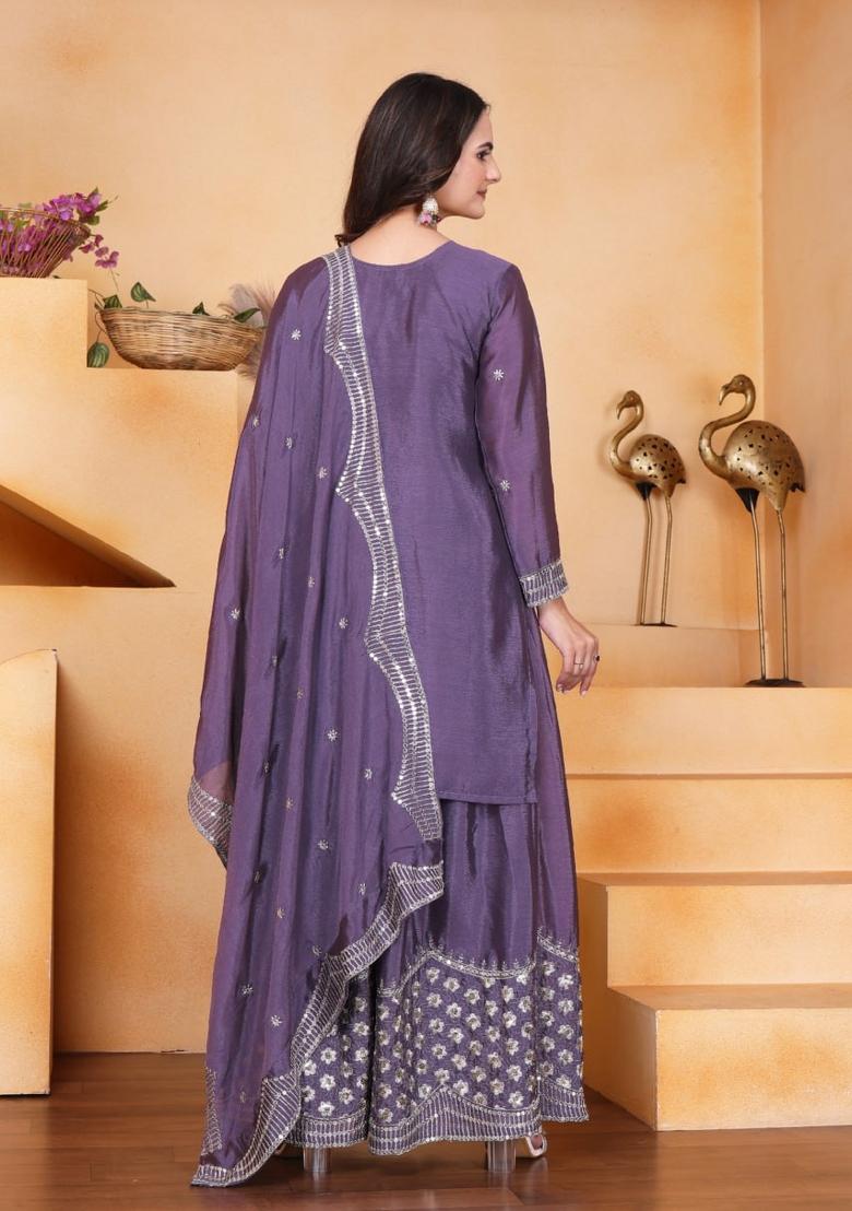 Lavender Thread Work Chinon Kurta Set - Indya