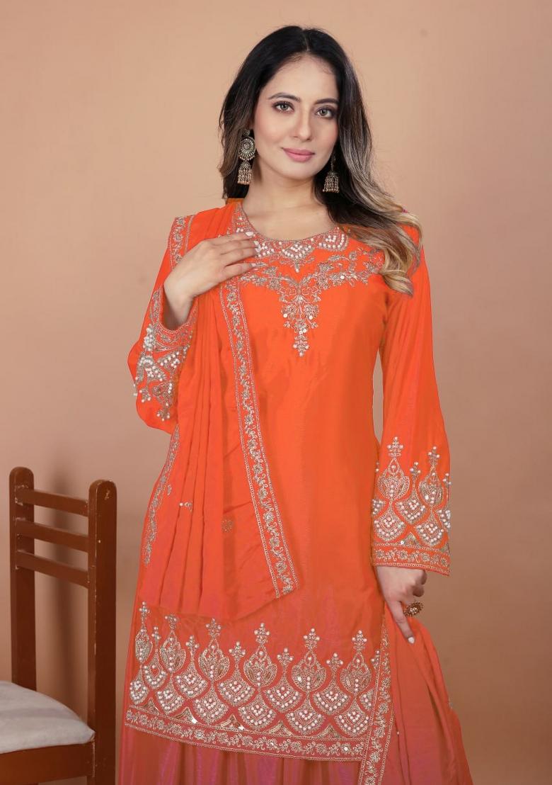 Orange Thread Work Chinon Kurta Set - Indya