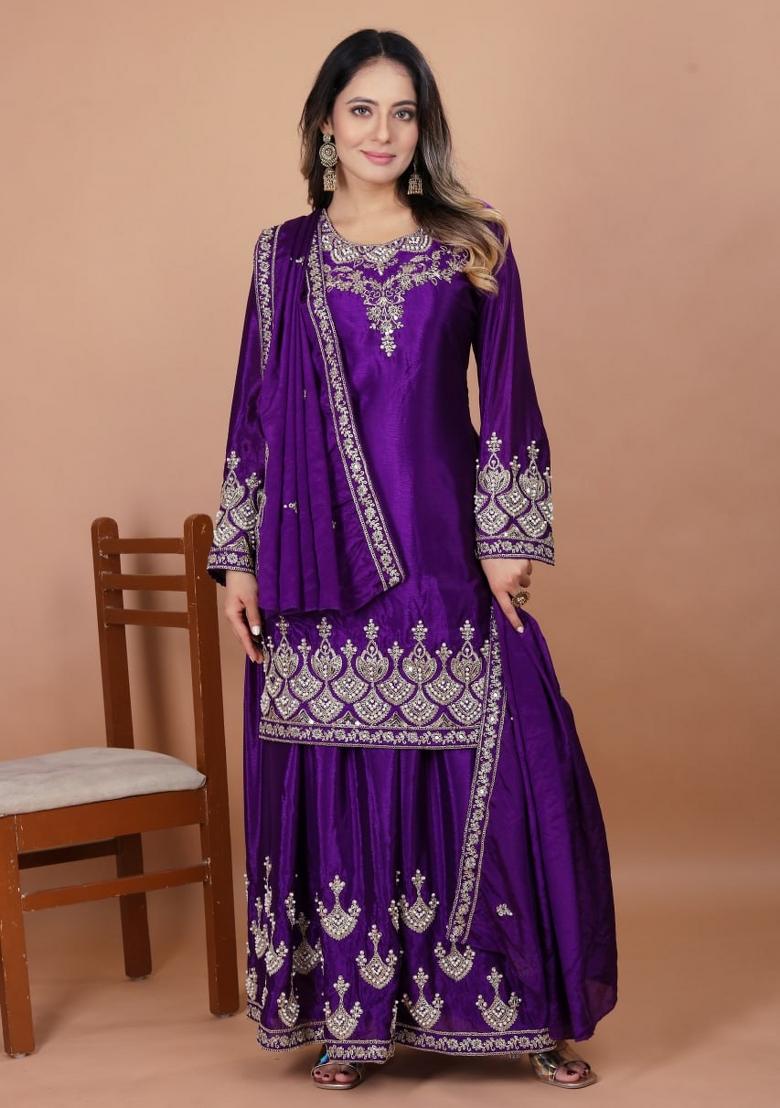 Purple Thread Work Chinon Kurta Set - Indya