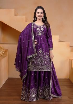 Purple Thread Work Chinon Kurta Set