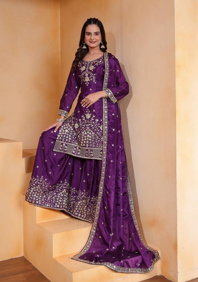 Purple Thread Work Chinon Kurta Set - Indya