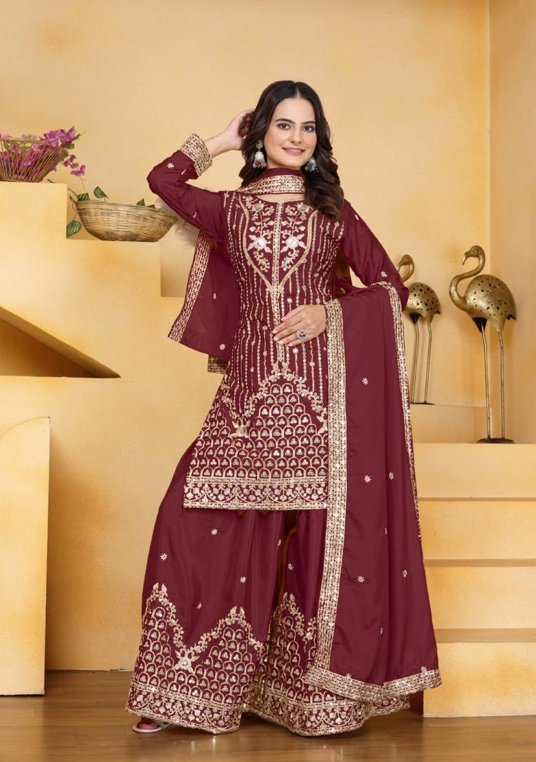Maroon Thread Work Crepe Kurta Set - Indya