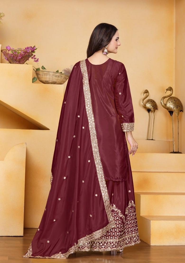 Maroon Thread Work Crepe Kurta Set - Indya