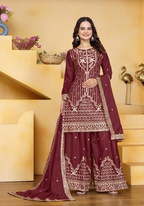 Maroon Thread Work Crepe Kurta Set