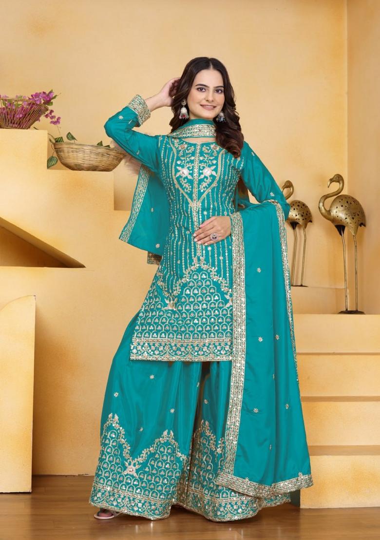 Teal Thread Work Crepe Kurta Set - Indya