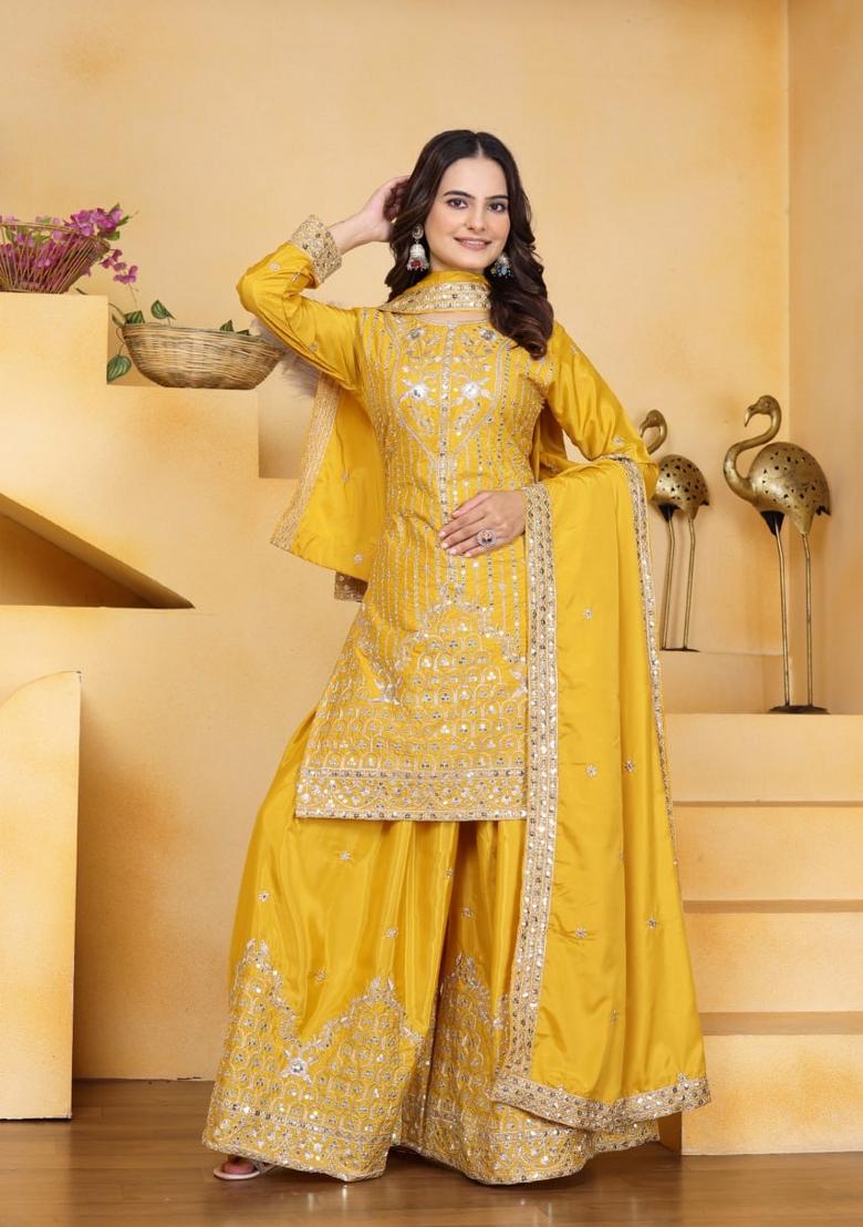 Yellow Thread Work Crepe Kurta Set - Indya