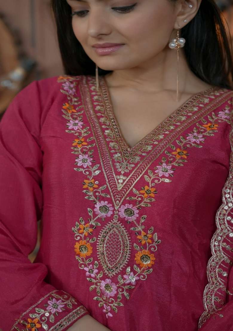 Rani Pink Thread Work Chinon Kurta Set - Indya