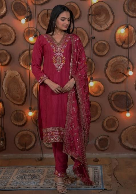 Rani Pink Thread Work Chinon Kurta Set
