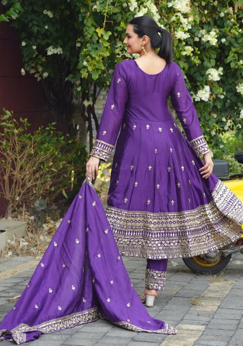 Purple Thread Work Chinon Kurta Set - Indya
