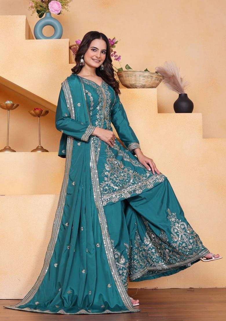 Teal Thread Work Crepe Kurta Set - Indya
