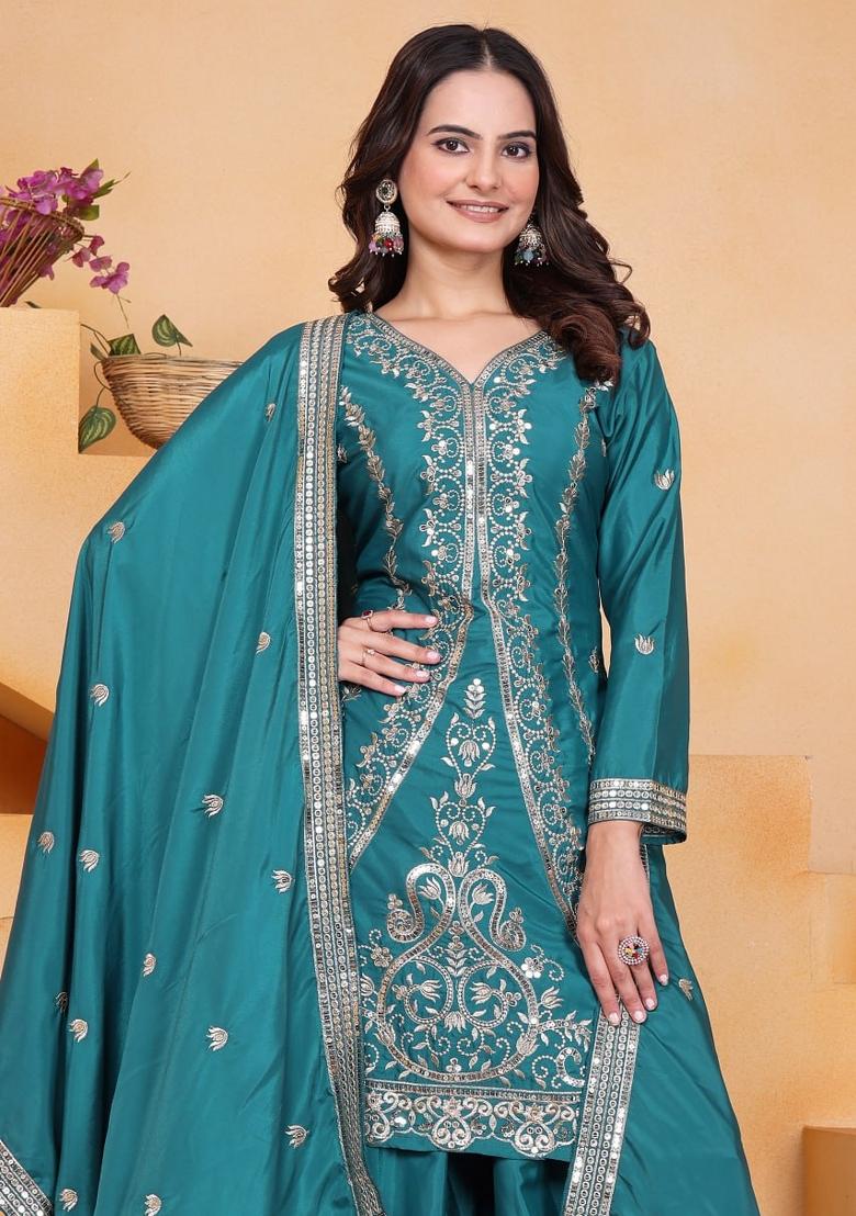 Teal Thread Work Crepe Kurta Set - Indya