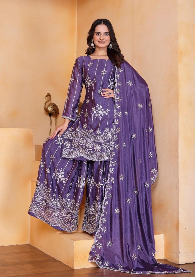 Lavender Thread Work Chinon Kurta Set - Indya