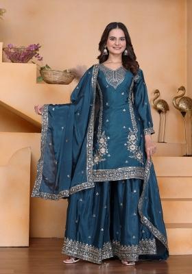 Teal Thread Work Chinon Kurta Set