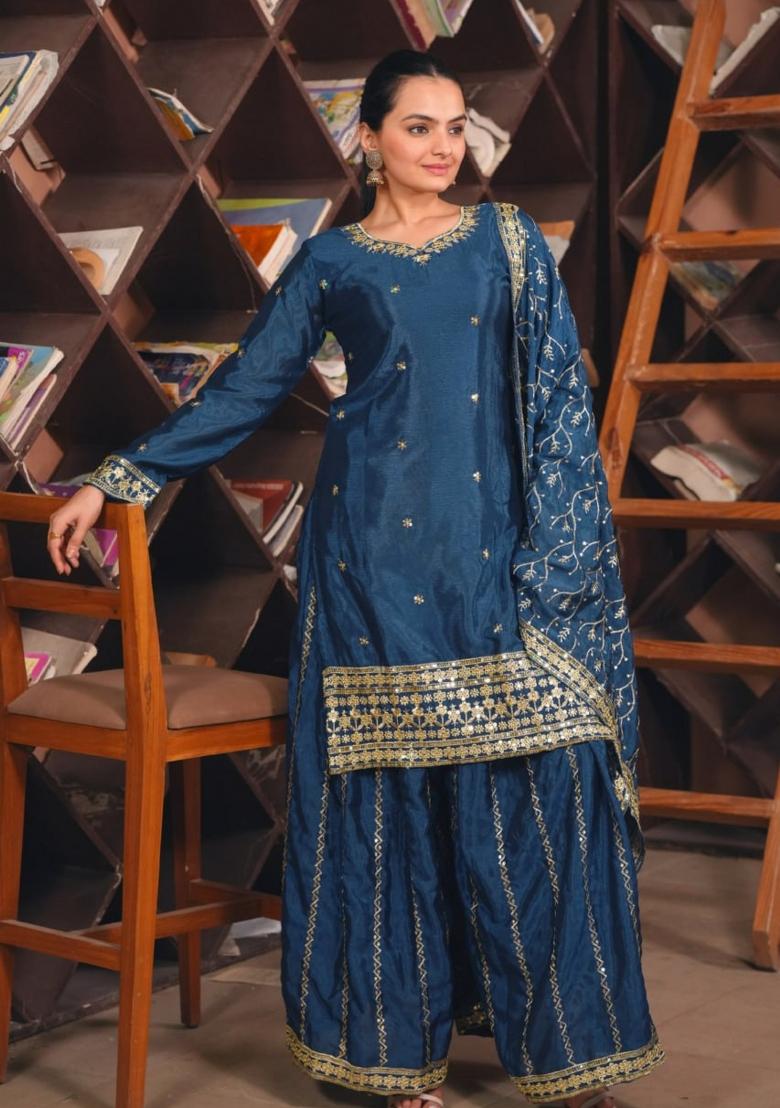 Blue Thread Work Chinon Kurta Set - Indya