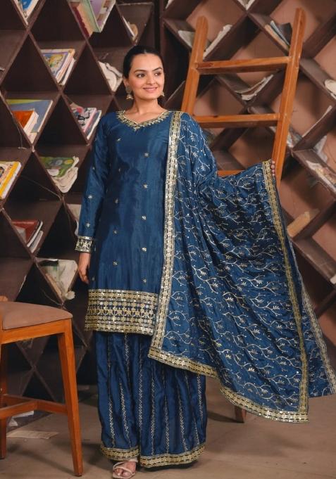 Blue Thread Work Chinon Kurta Set