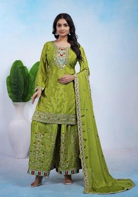 Parrot Green Thread Work Chinon Kurta Set