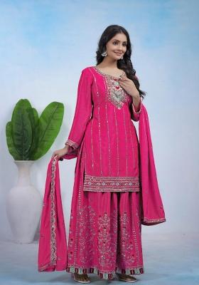 Pink Thread Work Chinon Kurta Set
