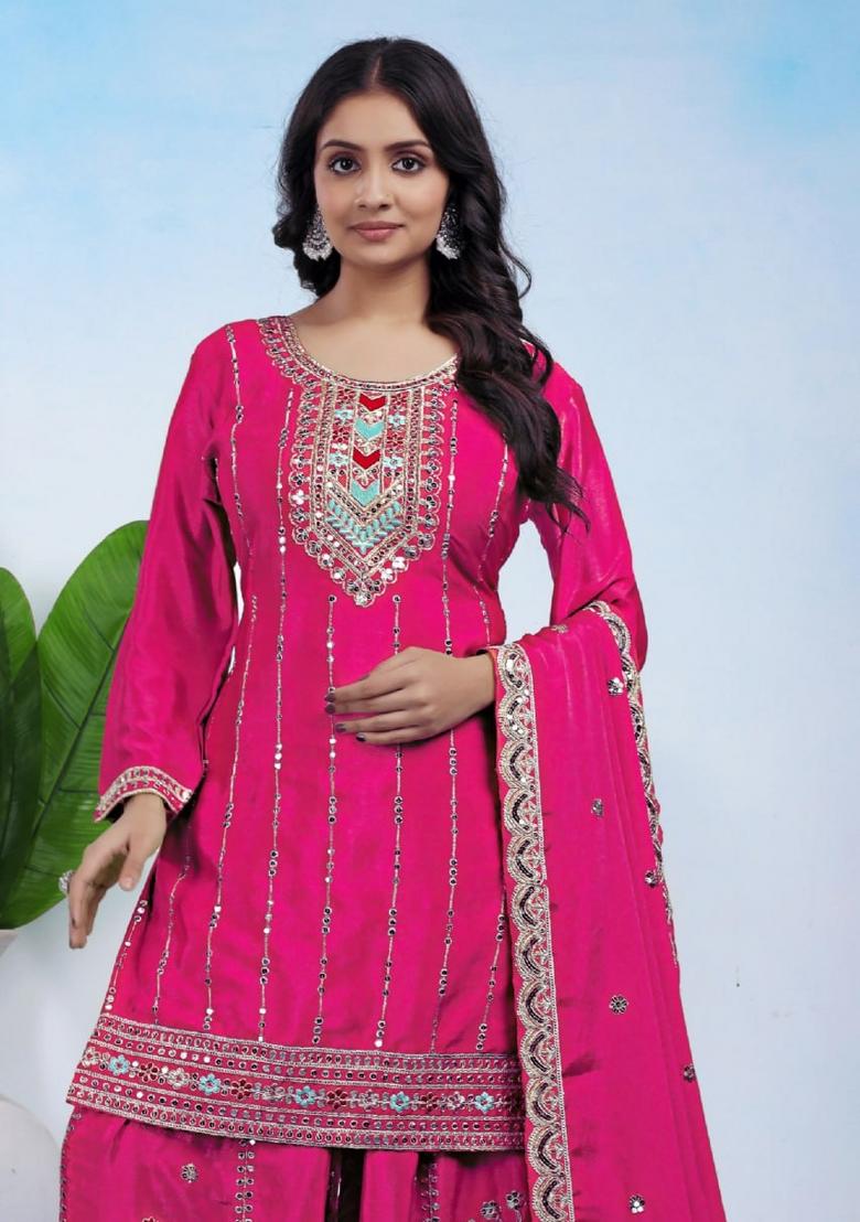 Pink Thread Work Chinon Kurta Set - Indya