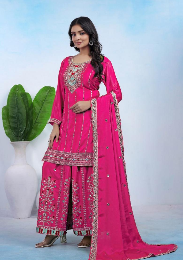 Pink Thread Work Chinon Kurta Set - Indya