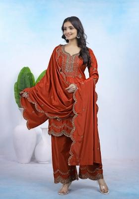 Dark Orange Thread Work Crepe Kurta Set