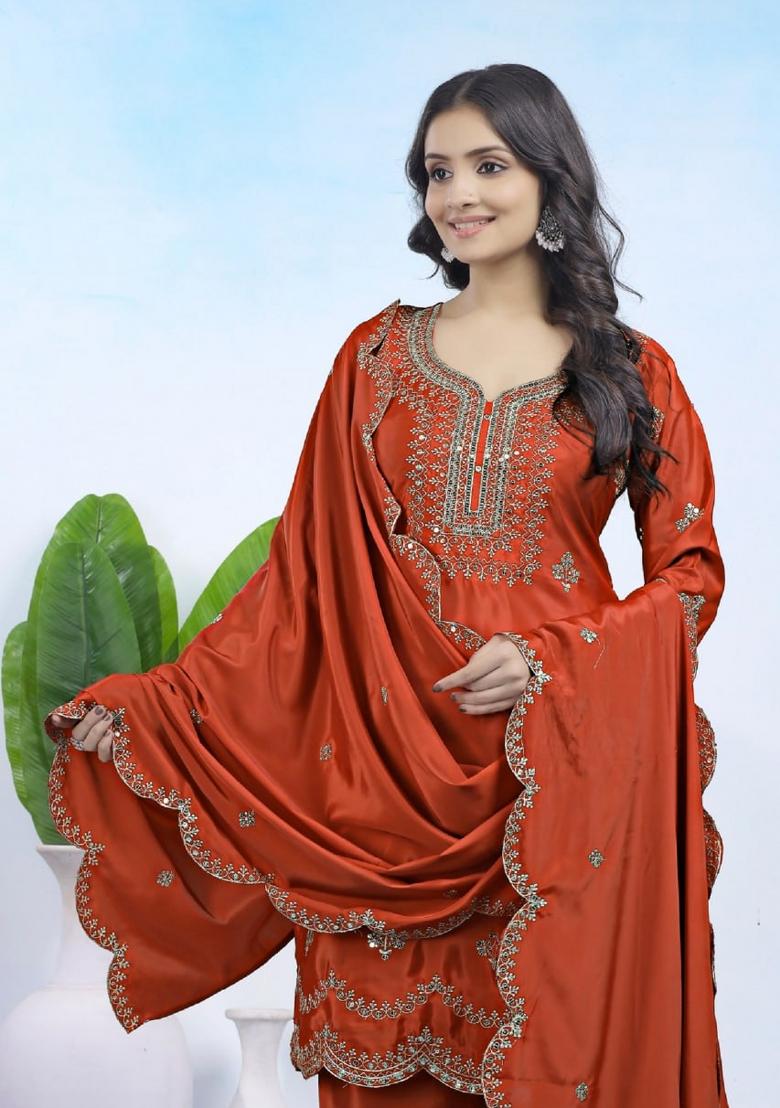 Dark Orange Thread Work Crepe Kurta Set - Indya