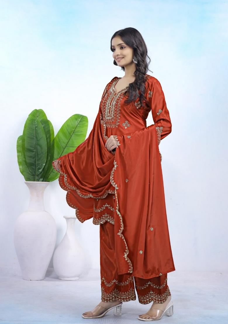 Dark Orange Thread Work Crepe Kurta Set - Indya