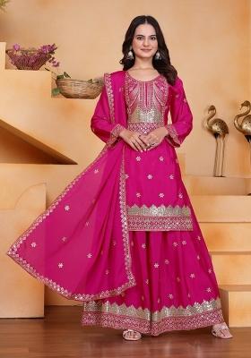 Pink Thread Work Chinon Kurta Set