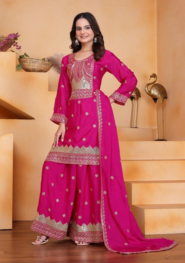 Pink Thread Work Chinon Kurta Set - Indya