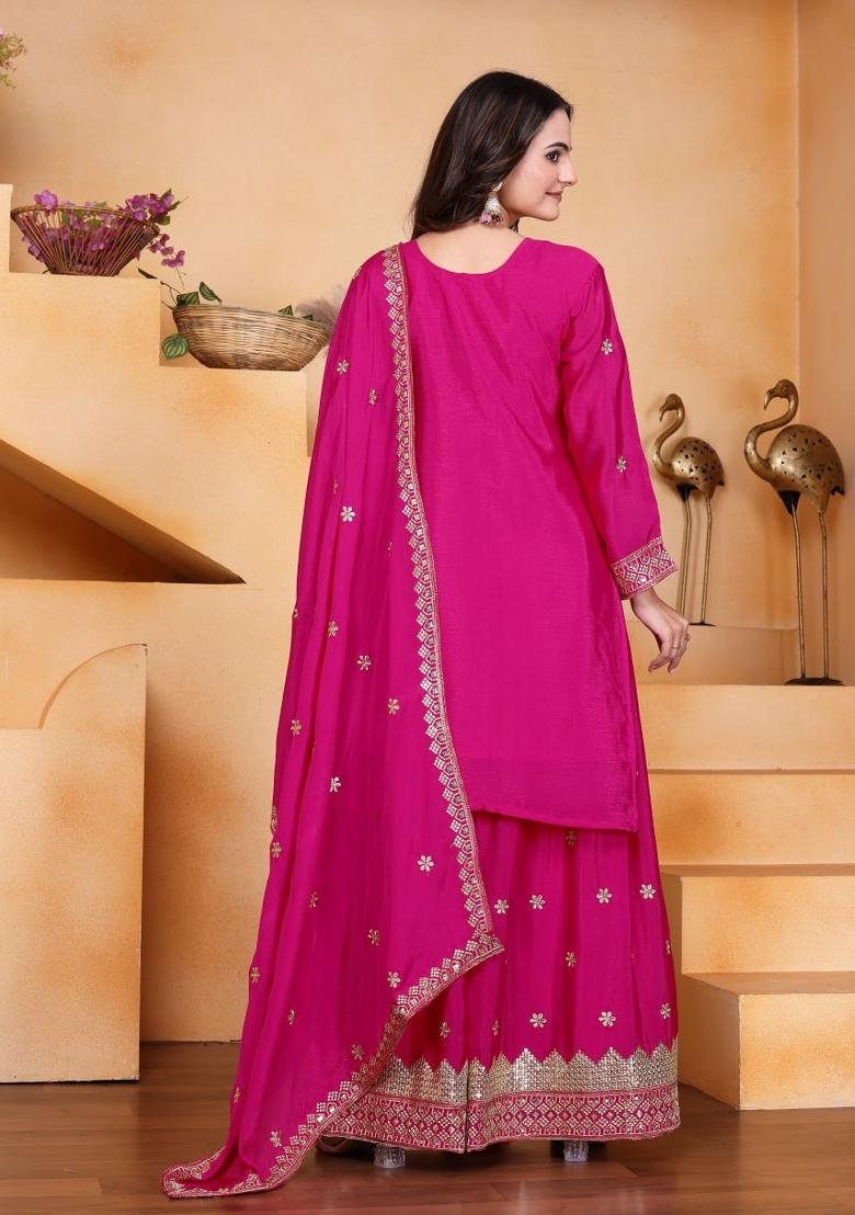 Pink Thread Work Chinon Kurta Set - Indya