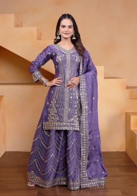 Lavender Thread Work Chinon Kurta Set