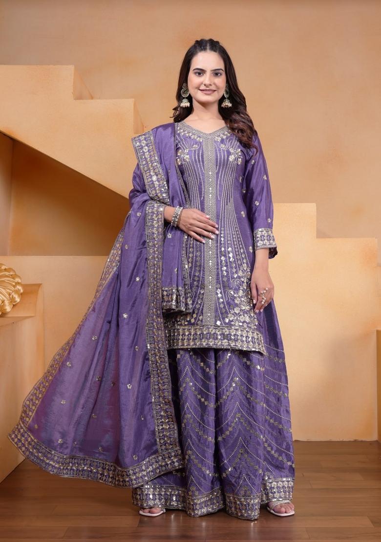 Lavender Thread Work Chinon Kurta Set - Indya