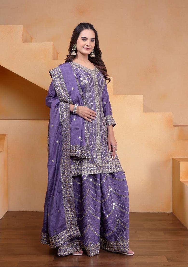 Lavender Thread Work Chinon Kurta Set - Indya