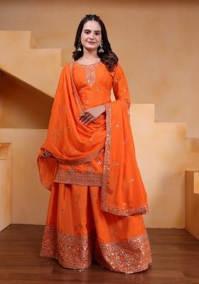 Orange Thread Work Chinon Kurta Set